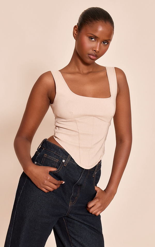 Cream Marl Stretch Woven Square Neck Corset Top
