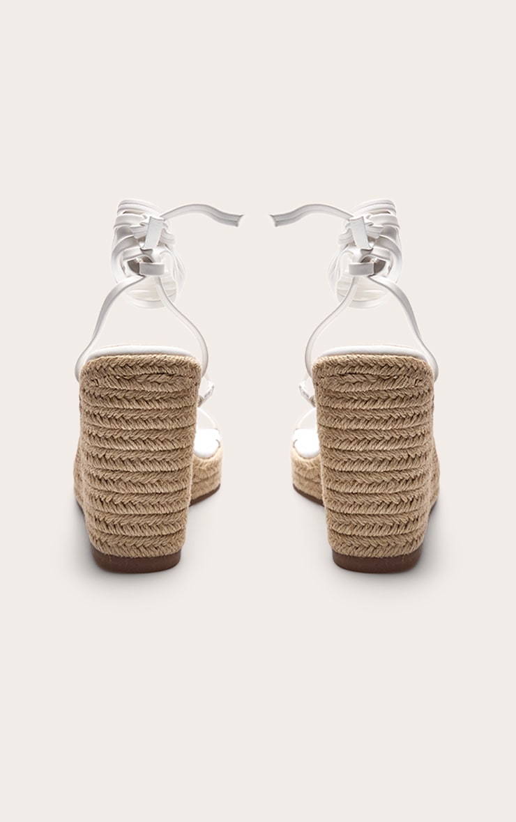 White Pu Square Toe Espadrille Lace Up High Heeled Wedges image 4
