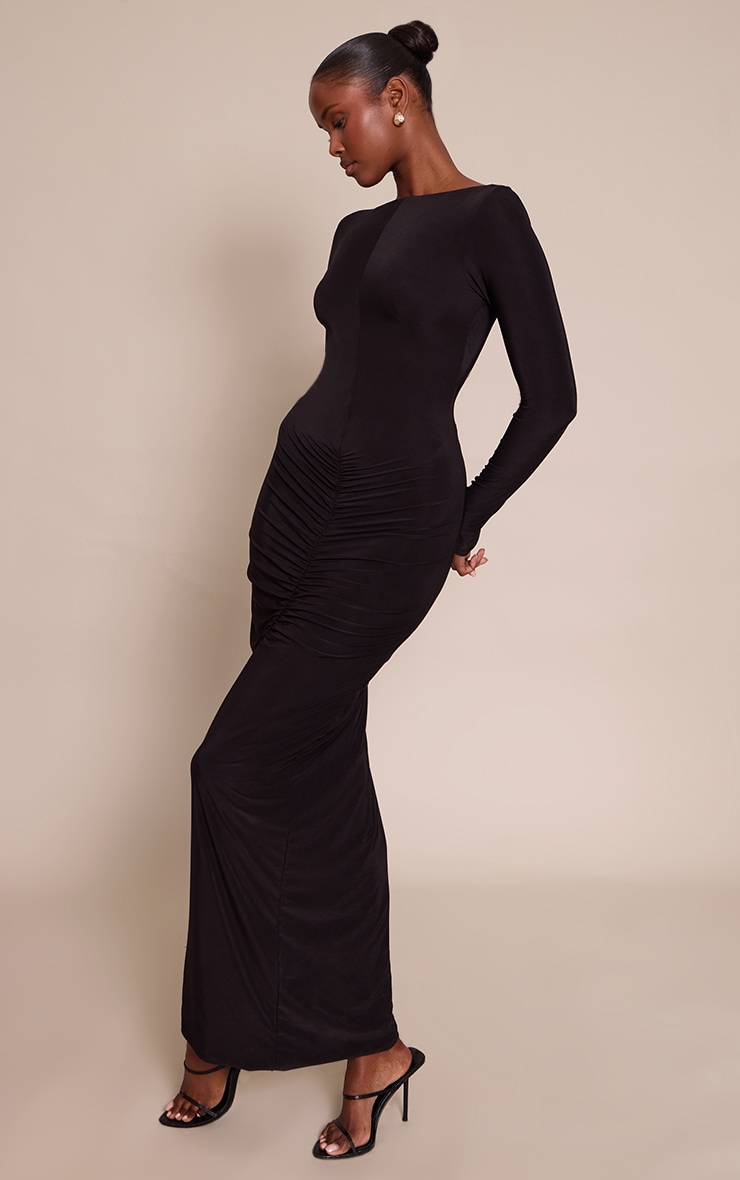 Robe longue moulante noire froncée à dos échancré image 3