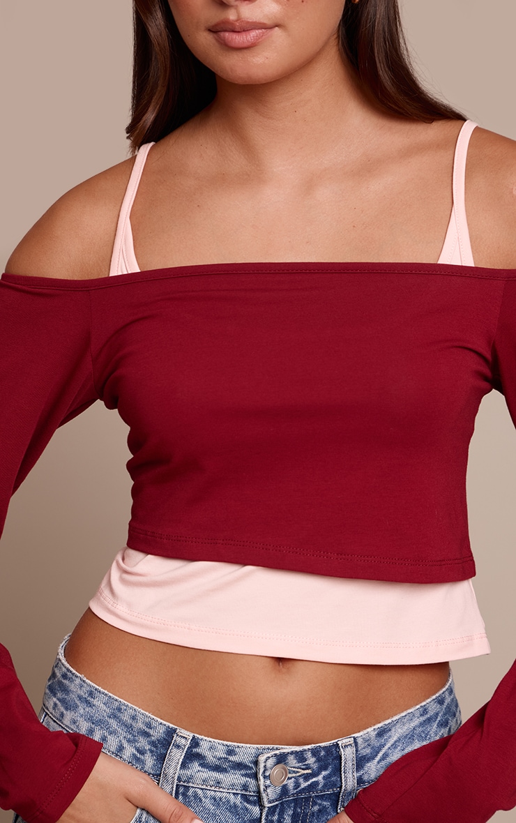 Burgundy Cotton Overlay Detail Bardot Long Sleeve Top  image 4