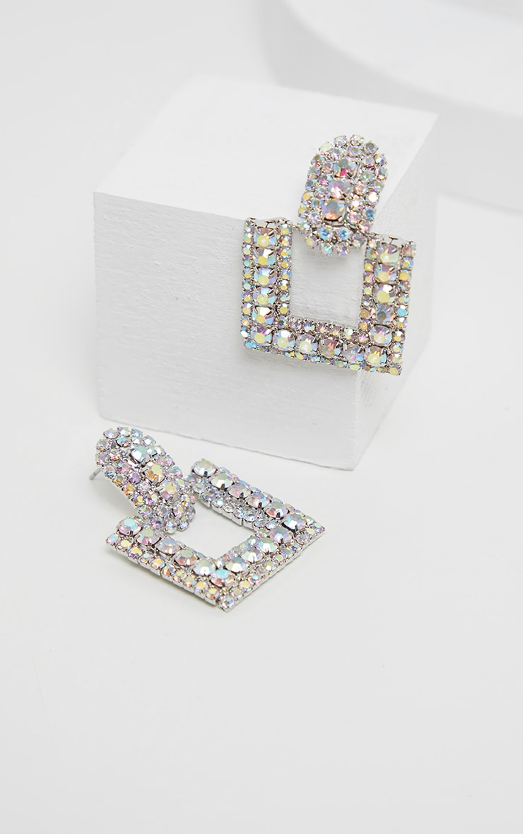 Silver Diamante Small Square Door Knocker Earring