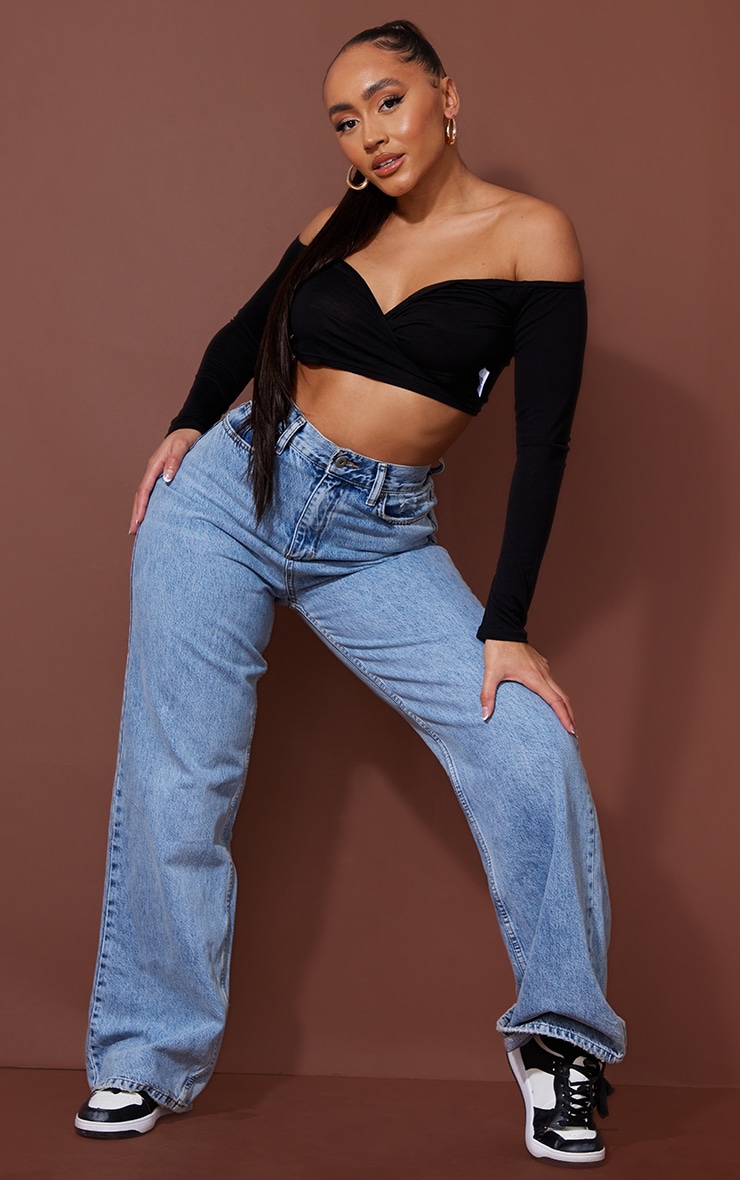 Shape Black Jersey Wrap Bardot Crop Top image 3