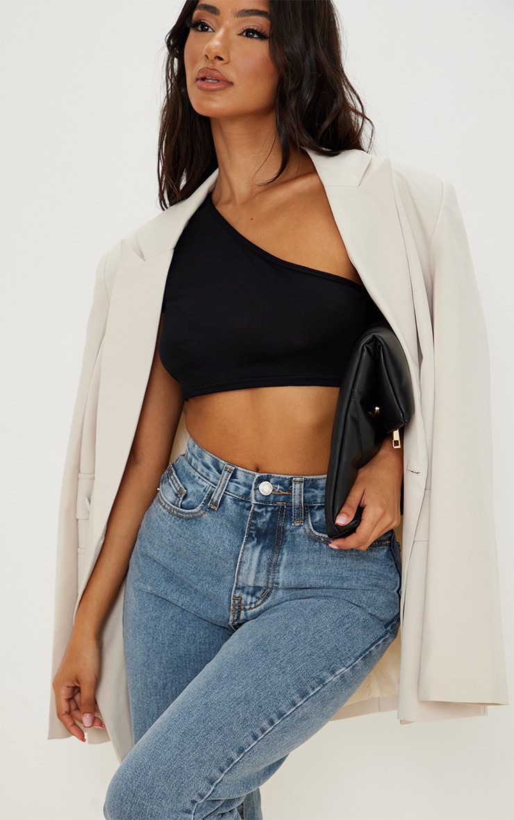 Petite Black One Shoulder Jersey Crop Top image 1
