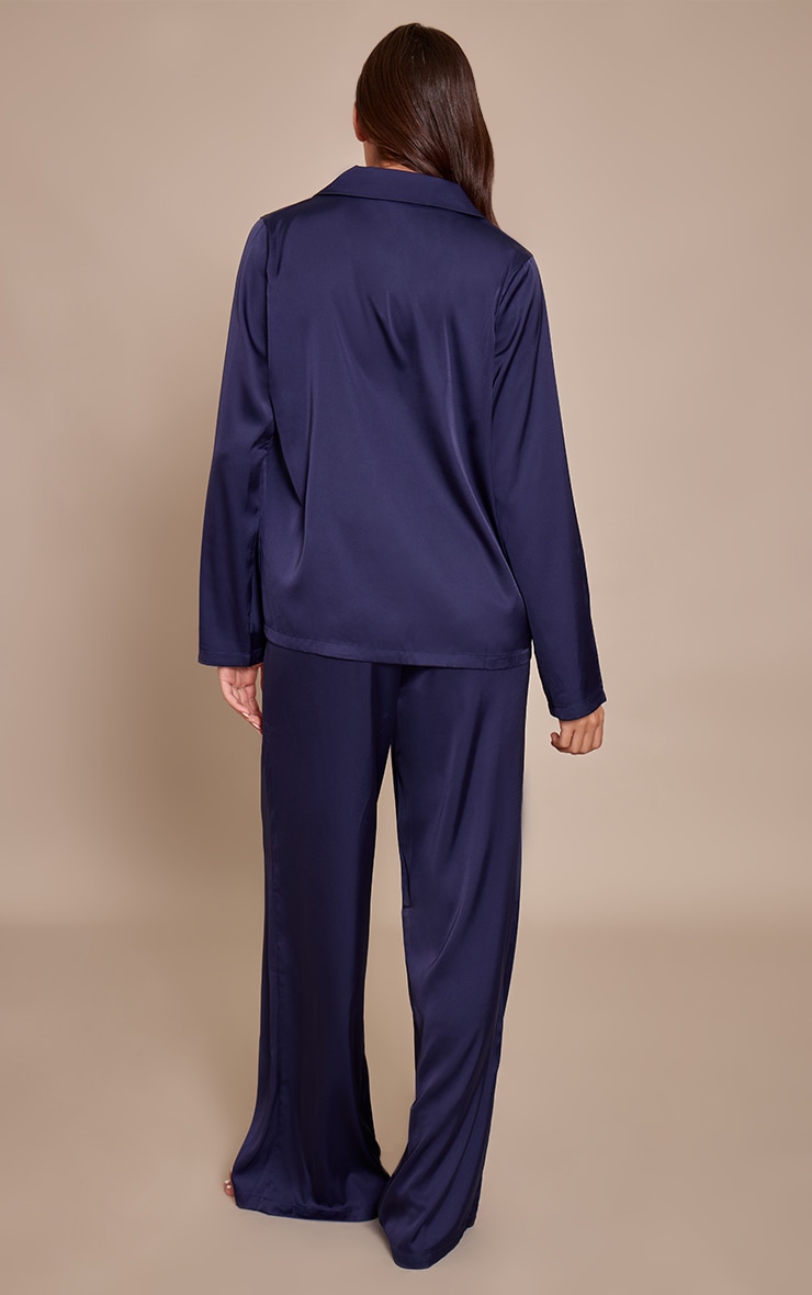 Navy Satin Long Sleeve Button Down Shirt PJ Set image 2