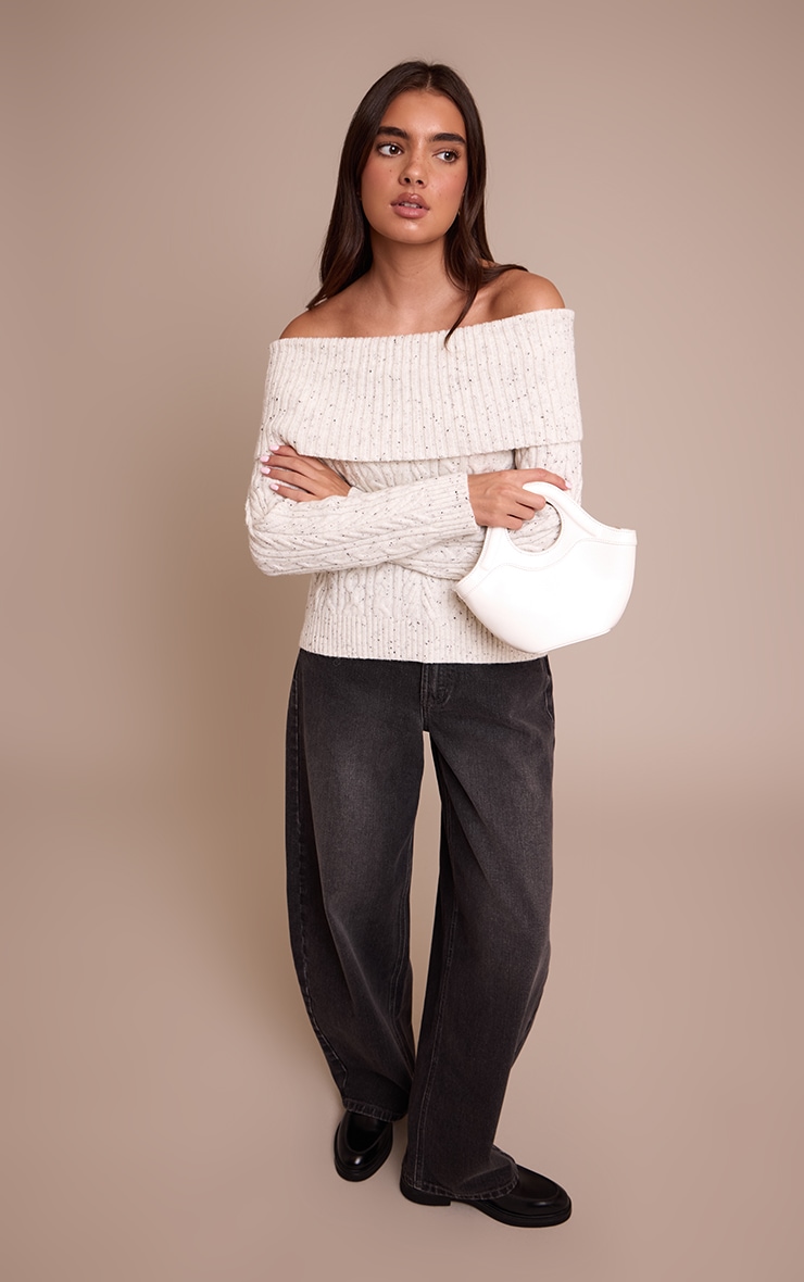 Light Grey Speckle Cable Knit Bardot Sweater image 3