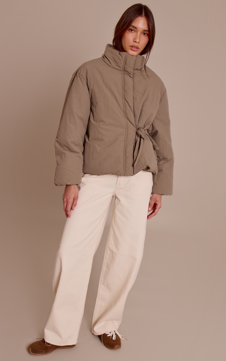 Washed Khaki High Neck Tie Waist Quilted Jacket