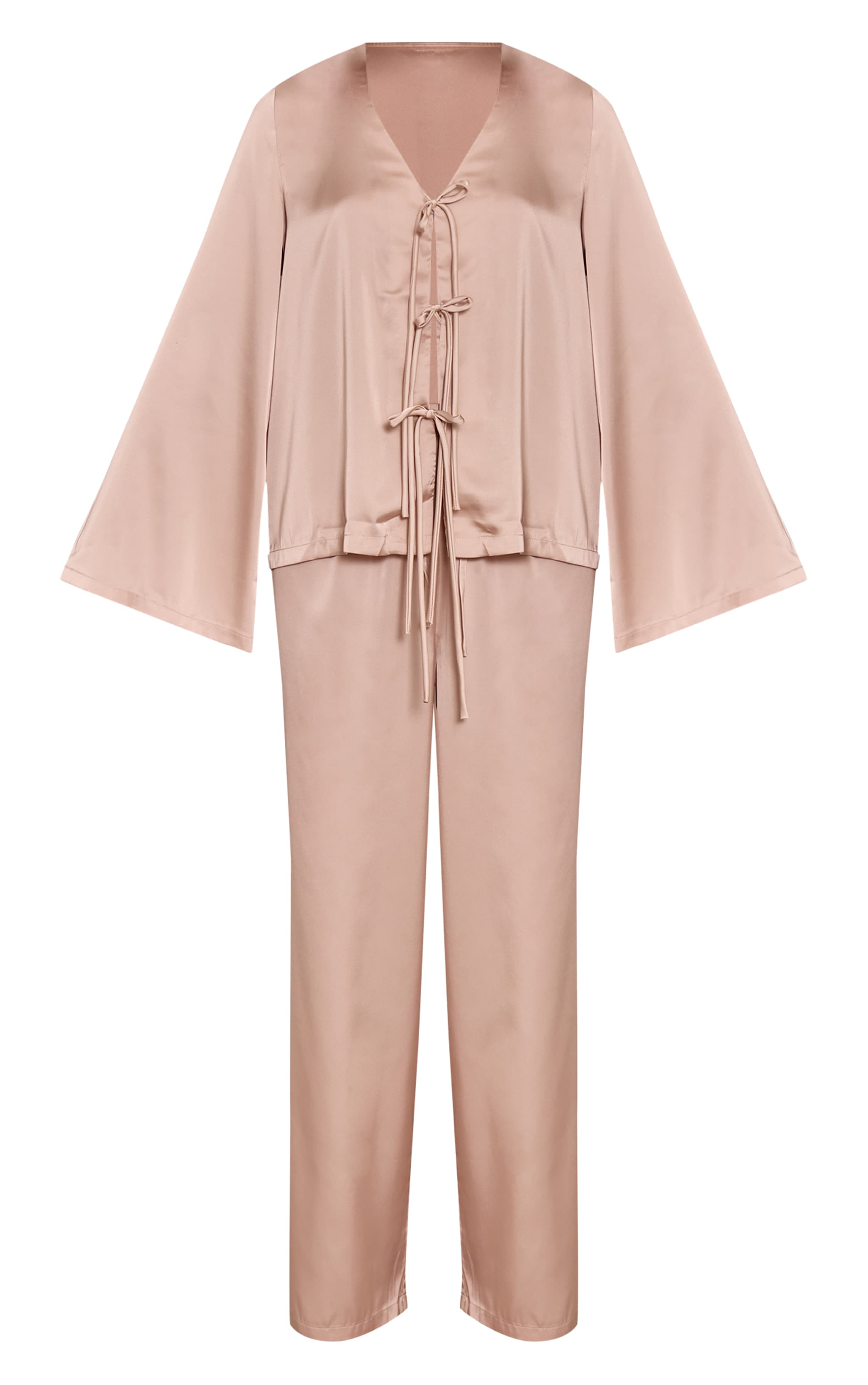 Champagne Satin Tie Front Long Sleeve PJ Set image 5