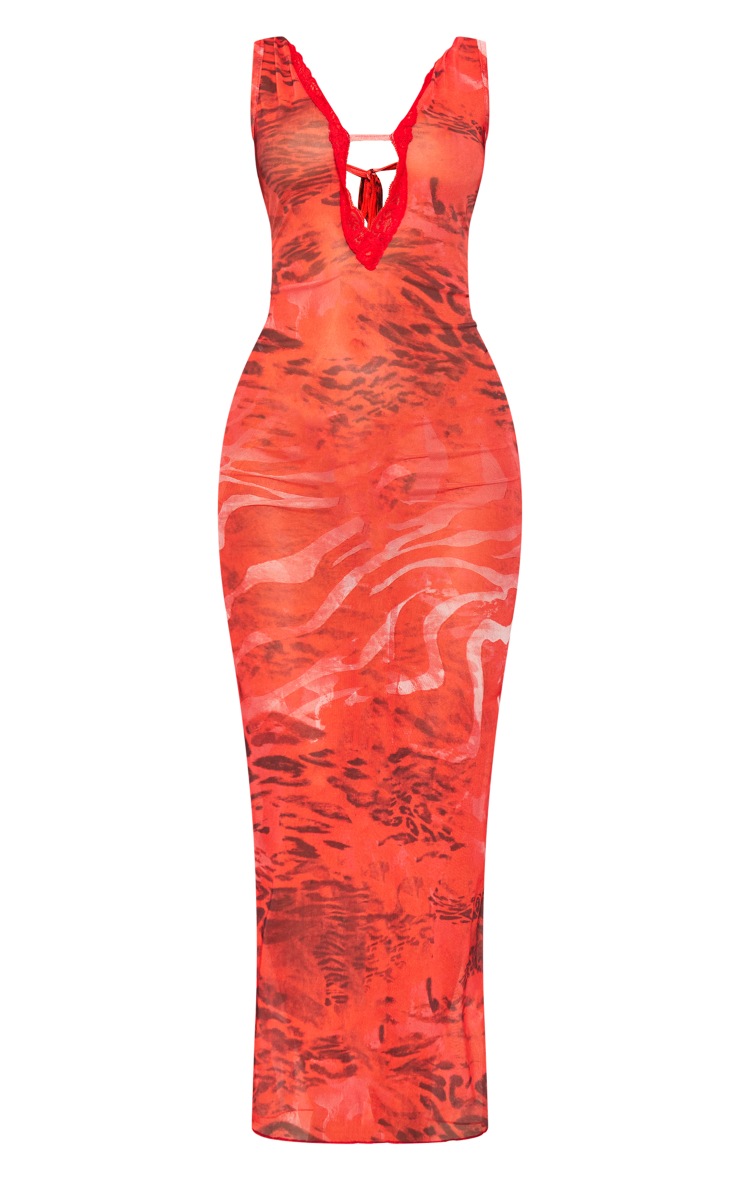 Red Zebra Print Lace Trim Low Back Mesh Maxi Dress PrettyLittleThing UAE