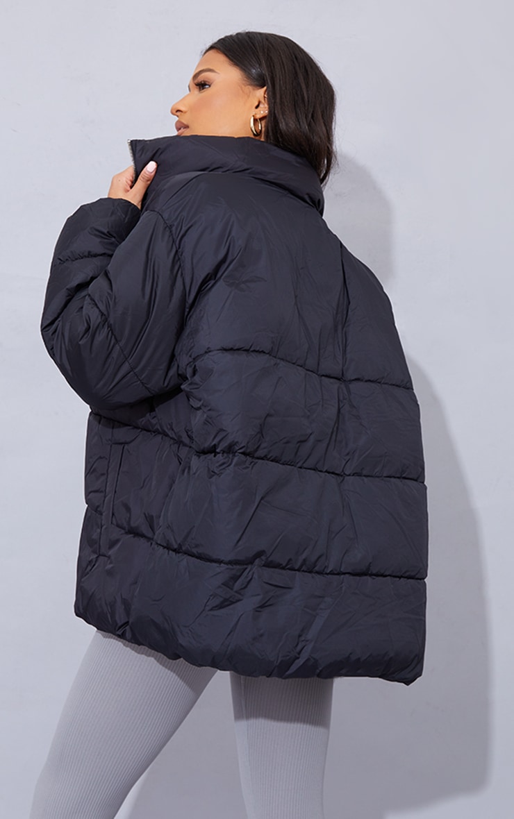 Black Soft Touch Nylon Padded Panel Longline Puffer image 2