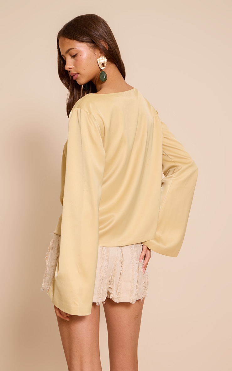 Butter Yellow Satin Boat Neck Flare Sleeve Top image 2