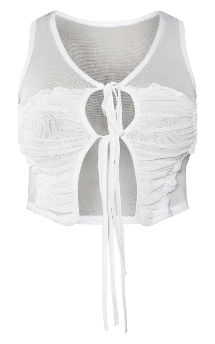 White Mesh Ruched Tie Front Crop Top image 5