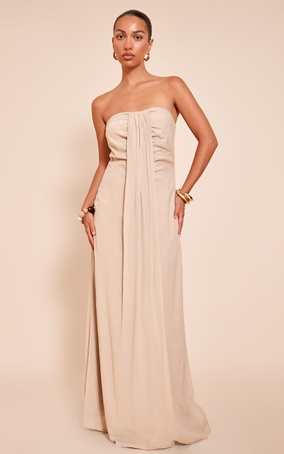 Robe bustier droite longue beige à détail drapé
