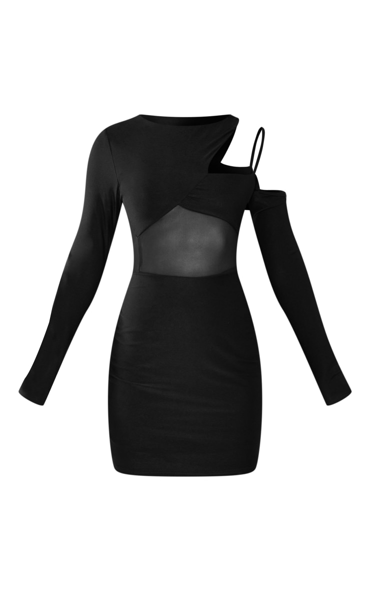 Black Slinky One Shoulder Mesh Insert Bodycon Dress image 5