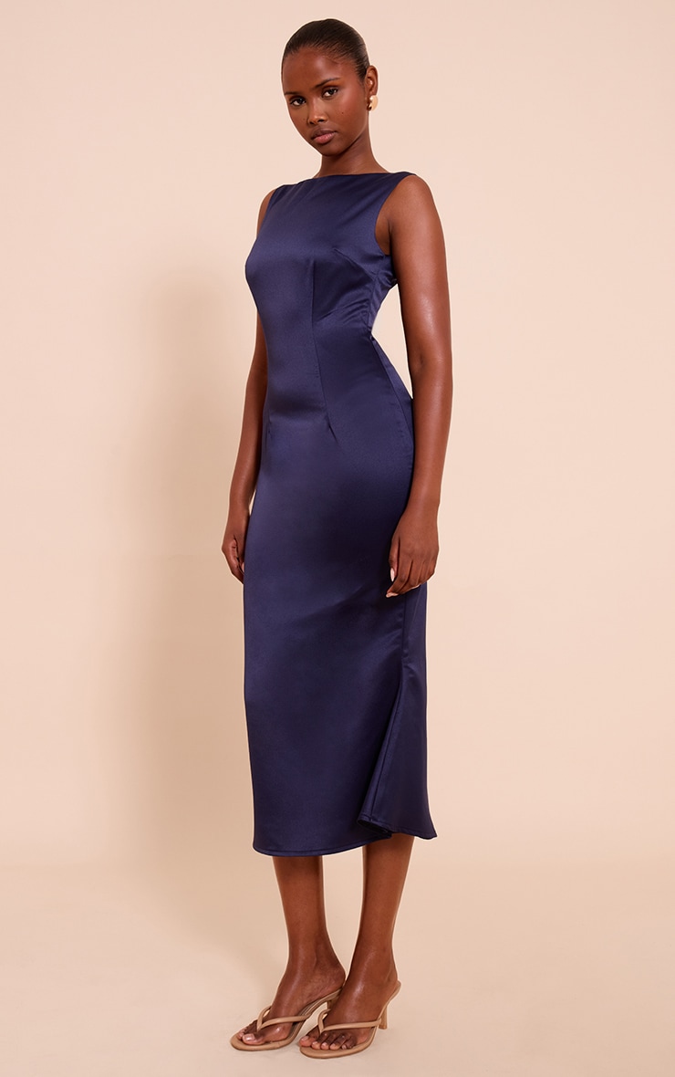 Navy Satin Boat Neck Fishtail Midaxi Dress image 3