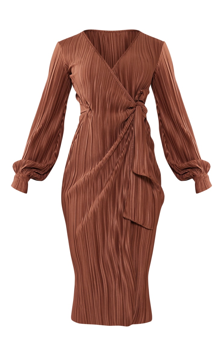 Chocolate Plisse Long Sleeve Wrap Midi Dress image 5