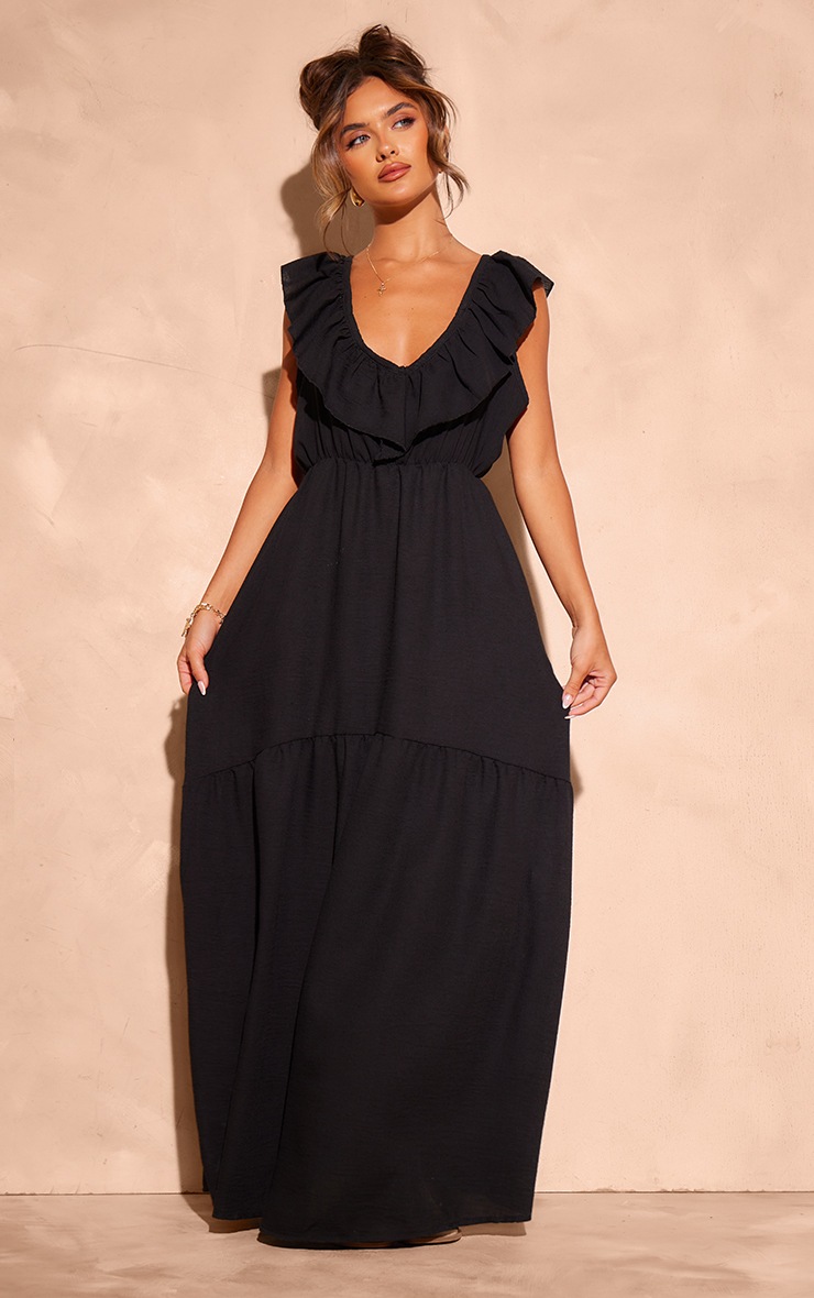 Black Linen Look V Neck Ruffle Maxi Dress image 3