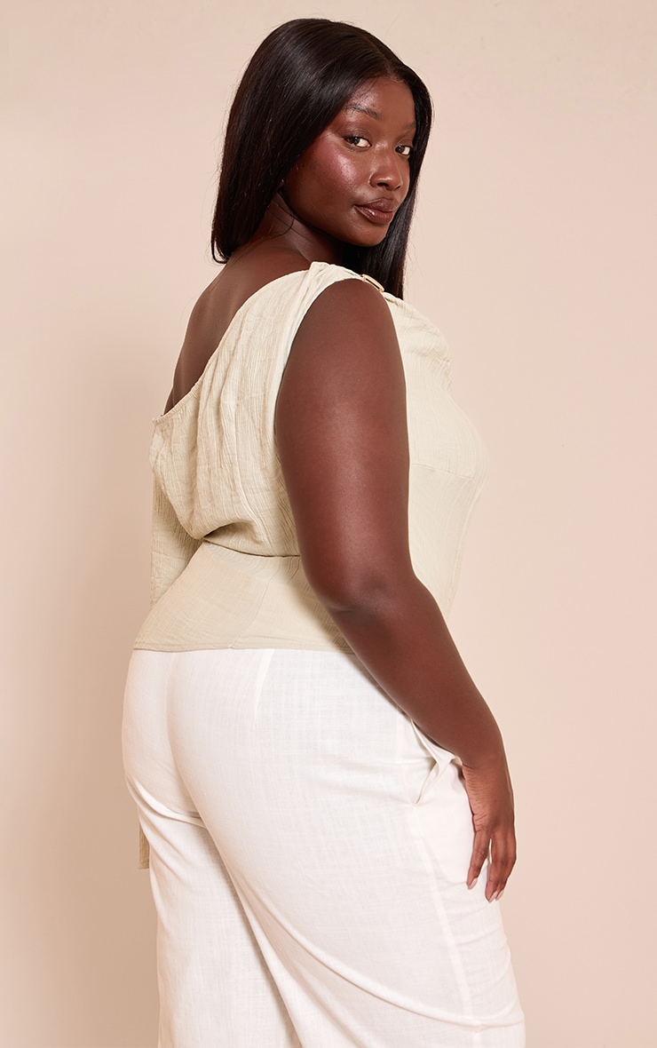 Plus Sage Green Textured Woven Asymmetric Trim Detail Top image 2