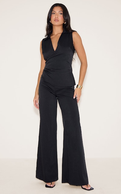 Black Woven Wrap Collared Jumpsuit
