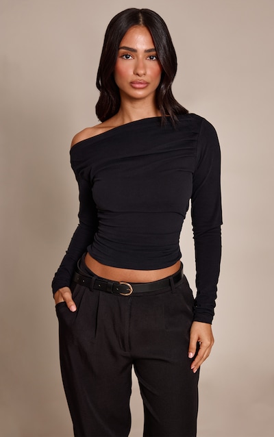 Petite Black Soft Cotton Ruched Asymmetric Long Sleeve Top