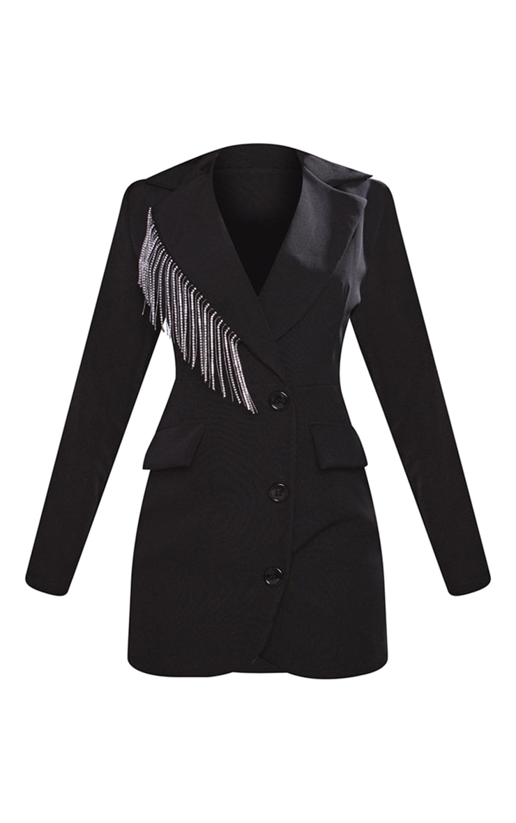 Black Tailored Diamante Tassel Detail Long Sleeve Blazer Dress