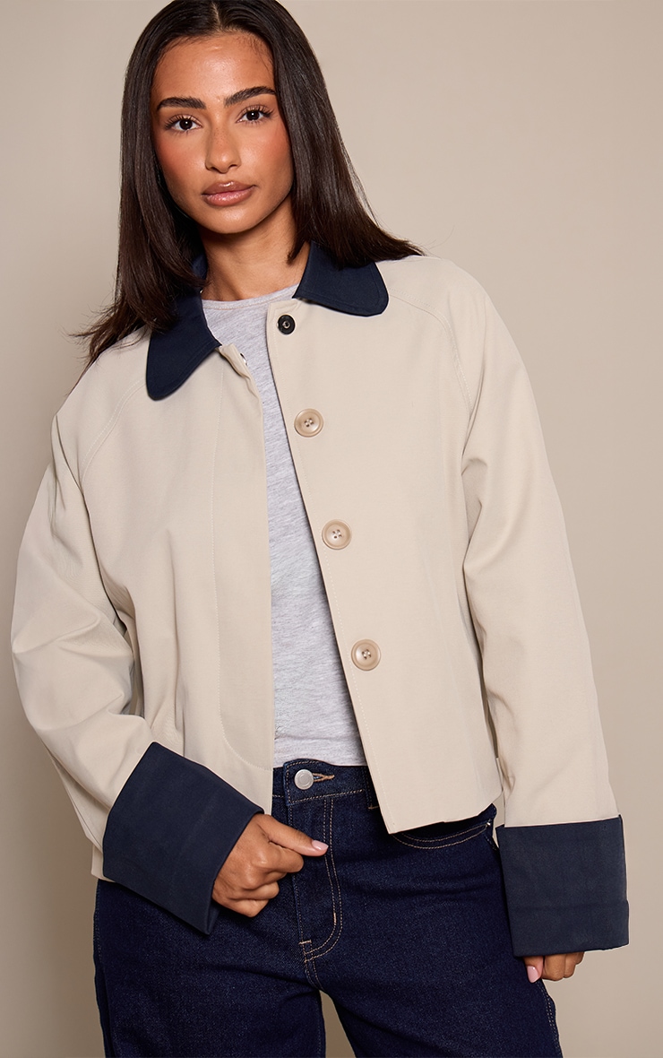 Petite Beige Contrast Short Trench Coat