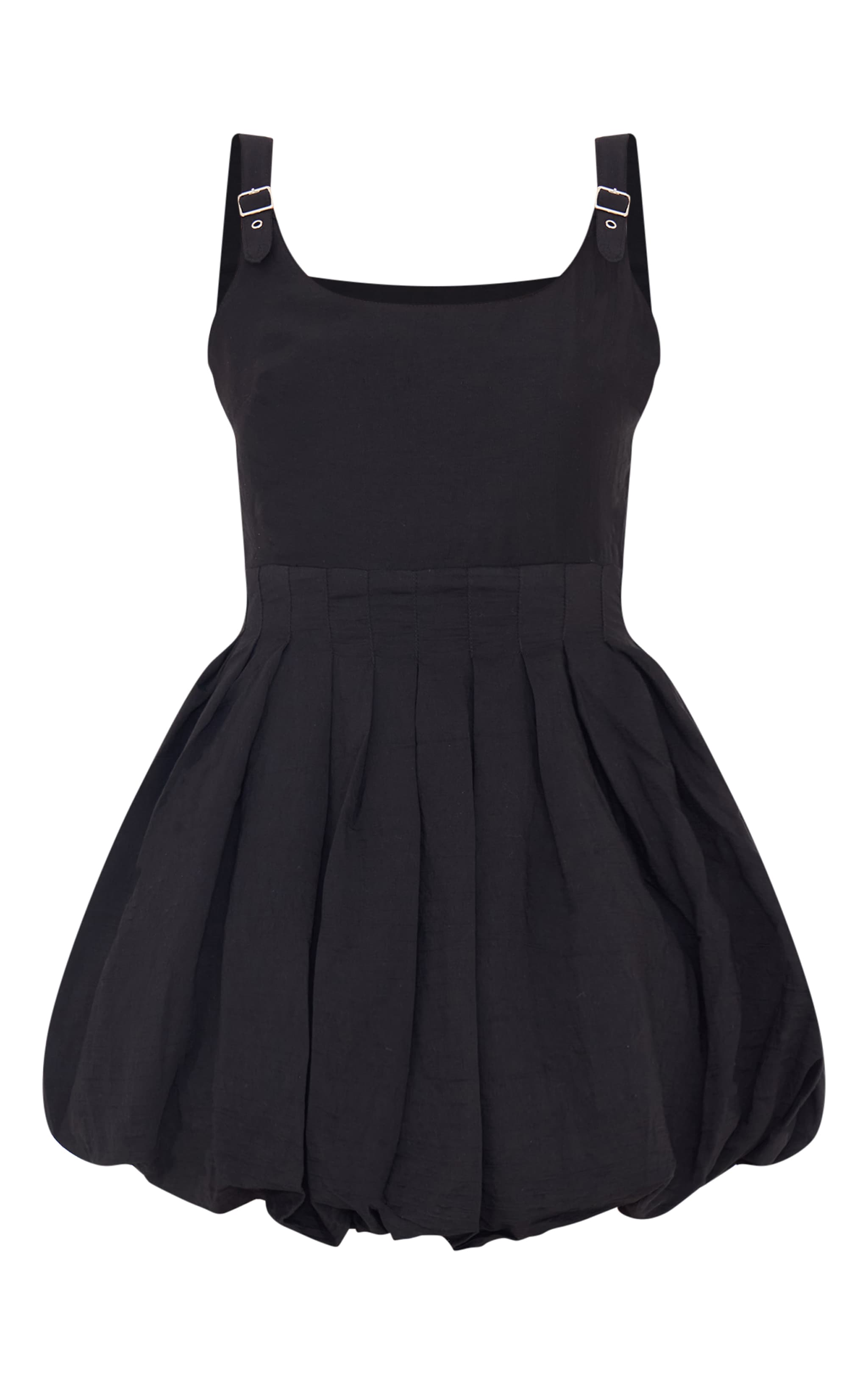 Black Textured Buckle Strap Puffball Dress image 5