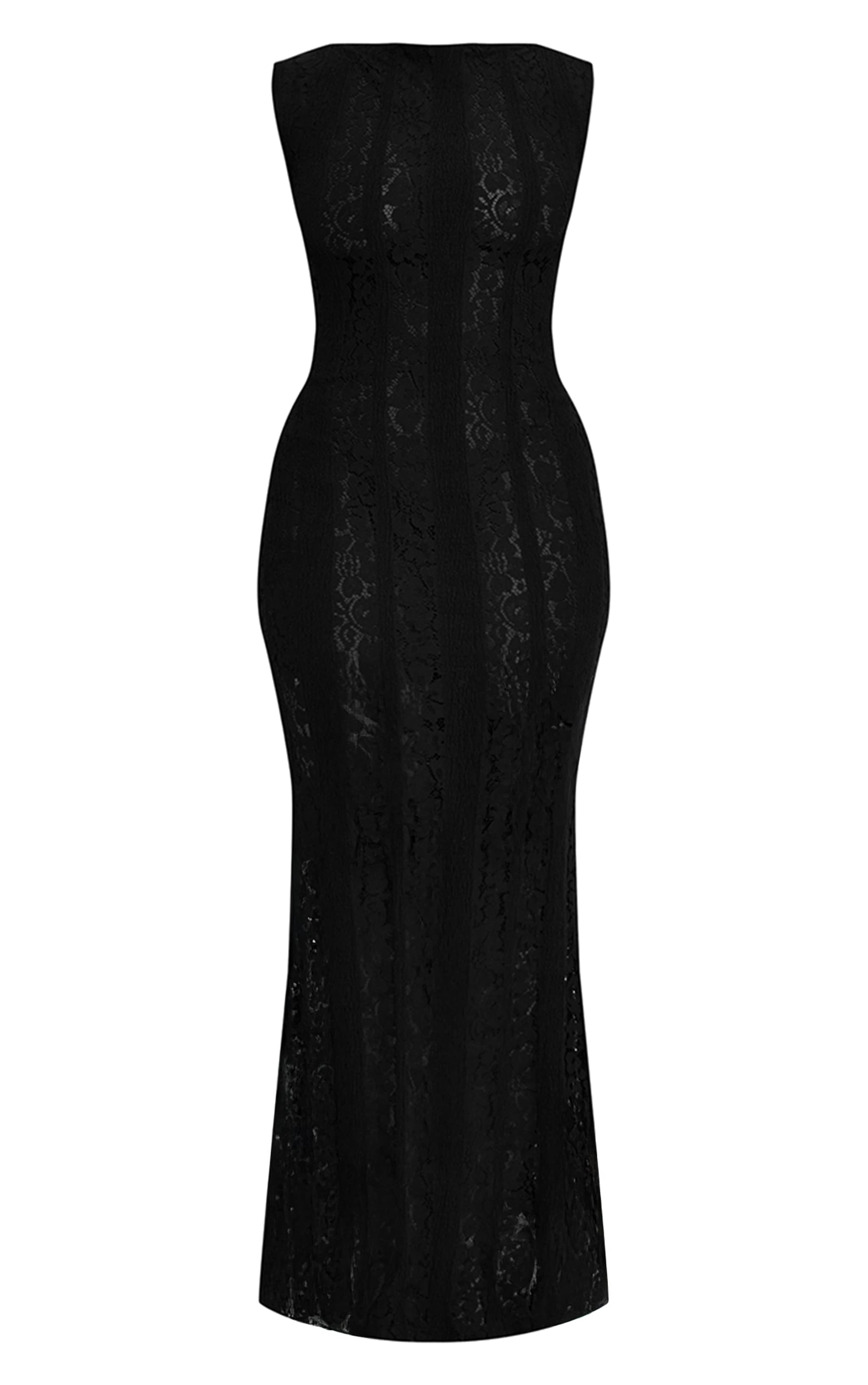 Robe mi-longue noire sculptante en dentelle à col bateau image 5