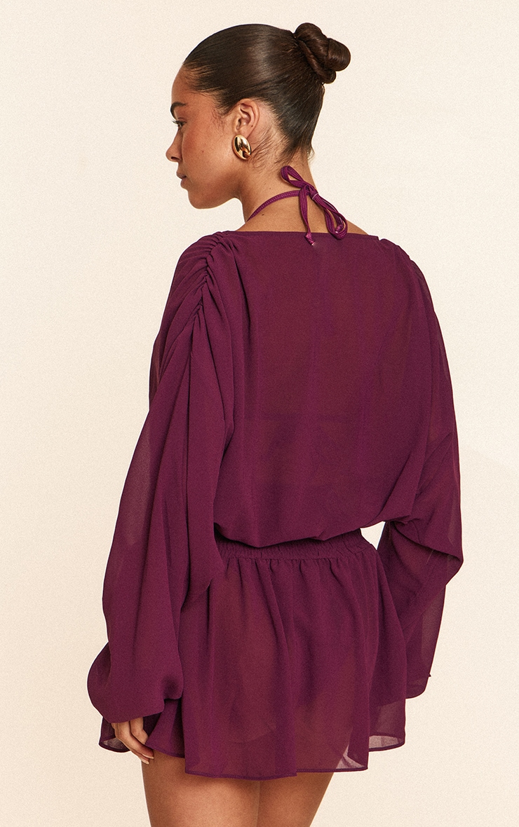 Purple Chiffon Shirred Waist Mini Beach Dress image 2