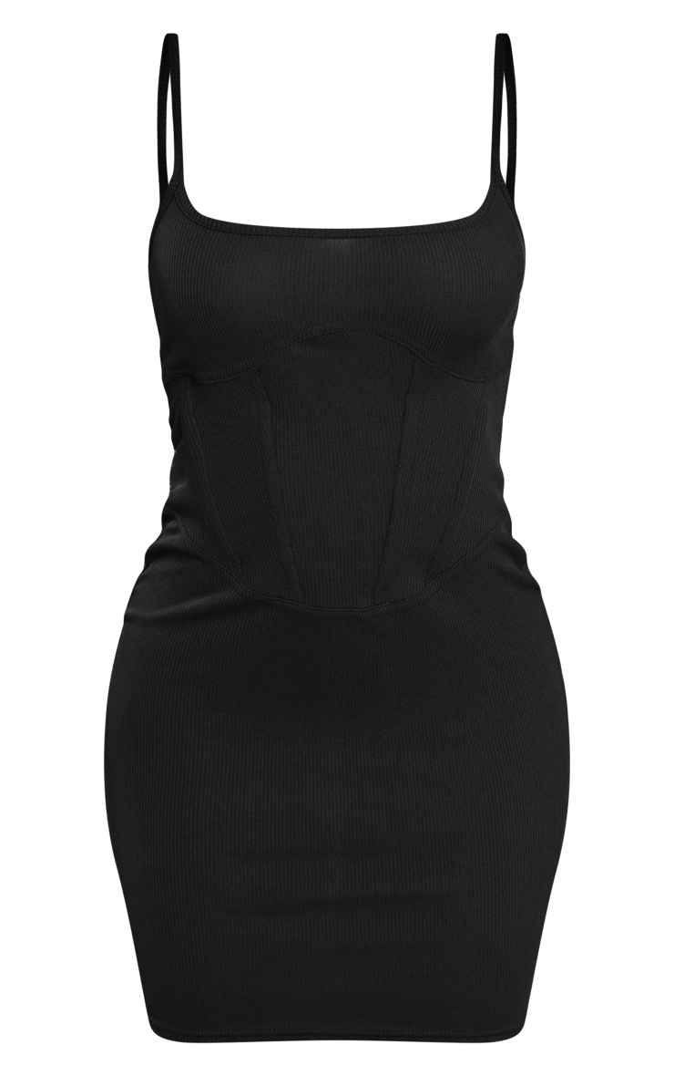 Black Rib Corset Square Neck Strappy Bodycon Dress Prettylittlething Qa