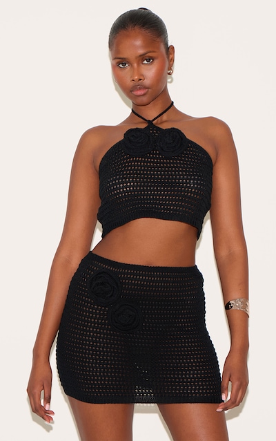 Black Tie Neck Flower Applique Top