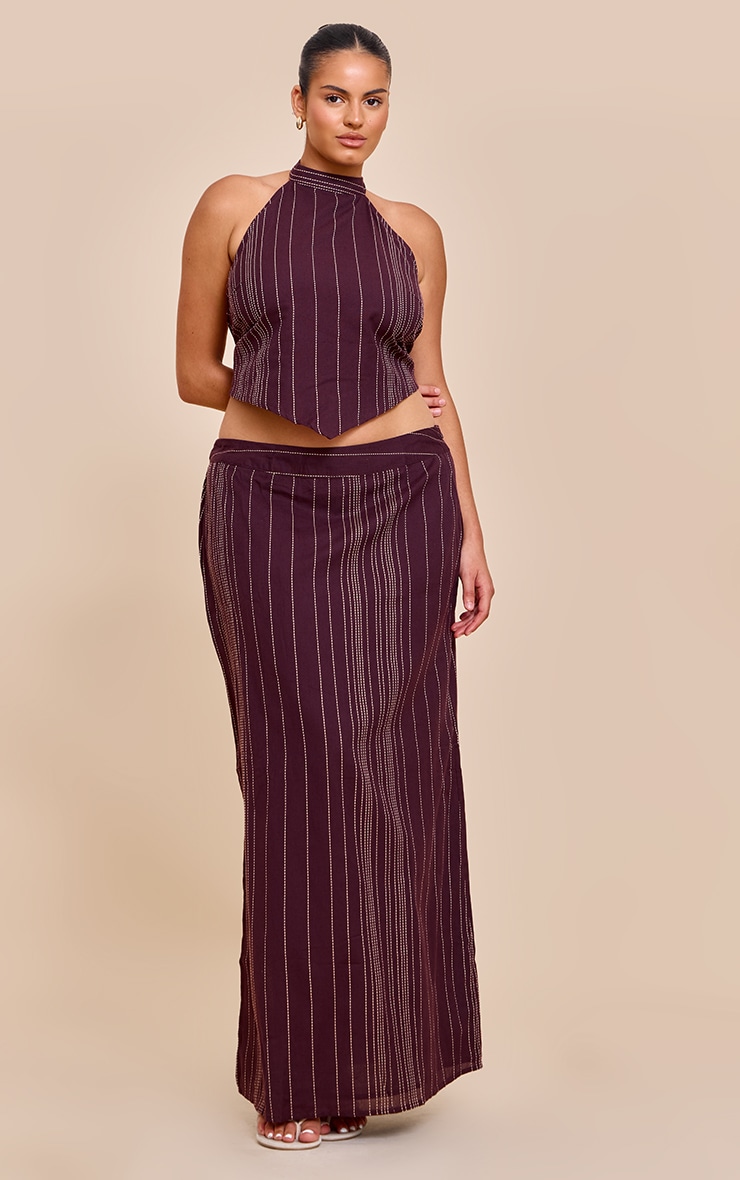 Plus Brown Stripe Embroidered Halterneck Top image 3