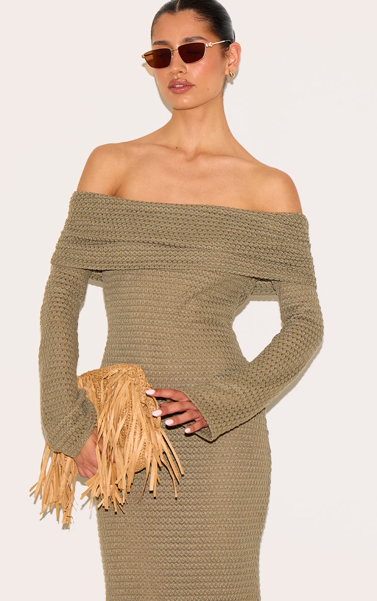 Tall Khaki Textured Extreme Bardot Long Sleeve Maxi Dress image 4