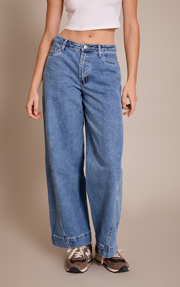 Mid Blue Relaxed Mid Rise Seam Detail Wide Leg Jeans image 2