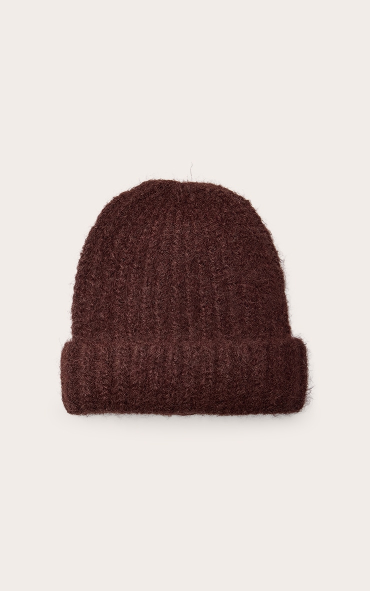 Bonnet en maille tricot épaisse côtelée chocolat image 2