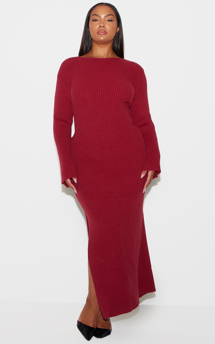 Plus Burgundy Rib Knit Low Back Long Sleeve Maxi Dress image 2