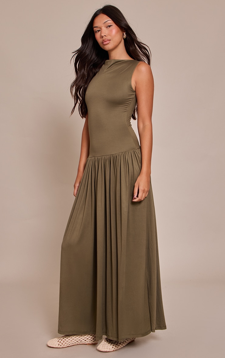 Robe longue doublée en jersey kaki à taille tombante image 3