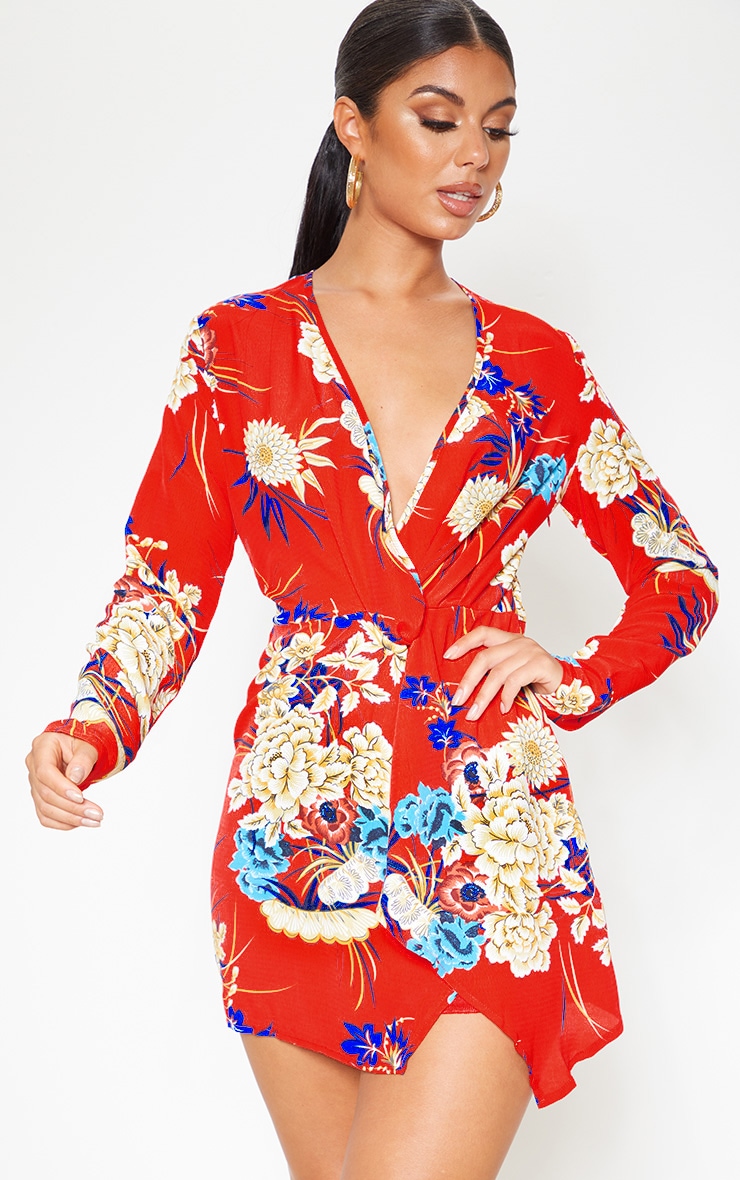 Red Floral Long Sleeve Wrap Dress