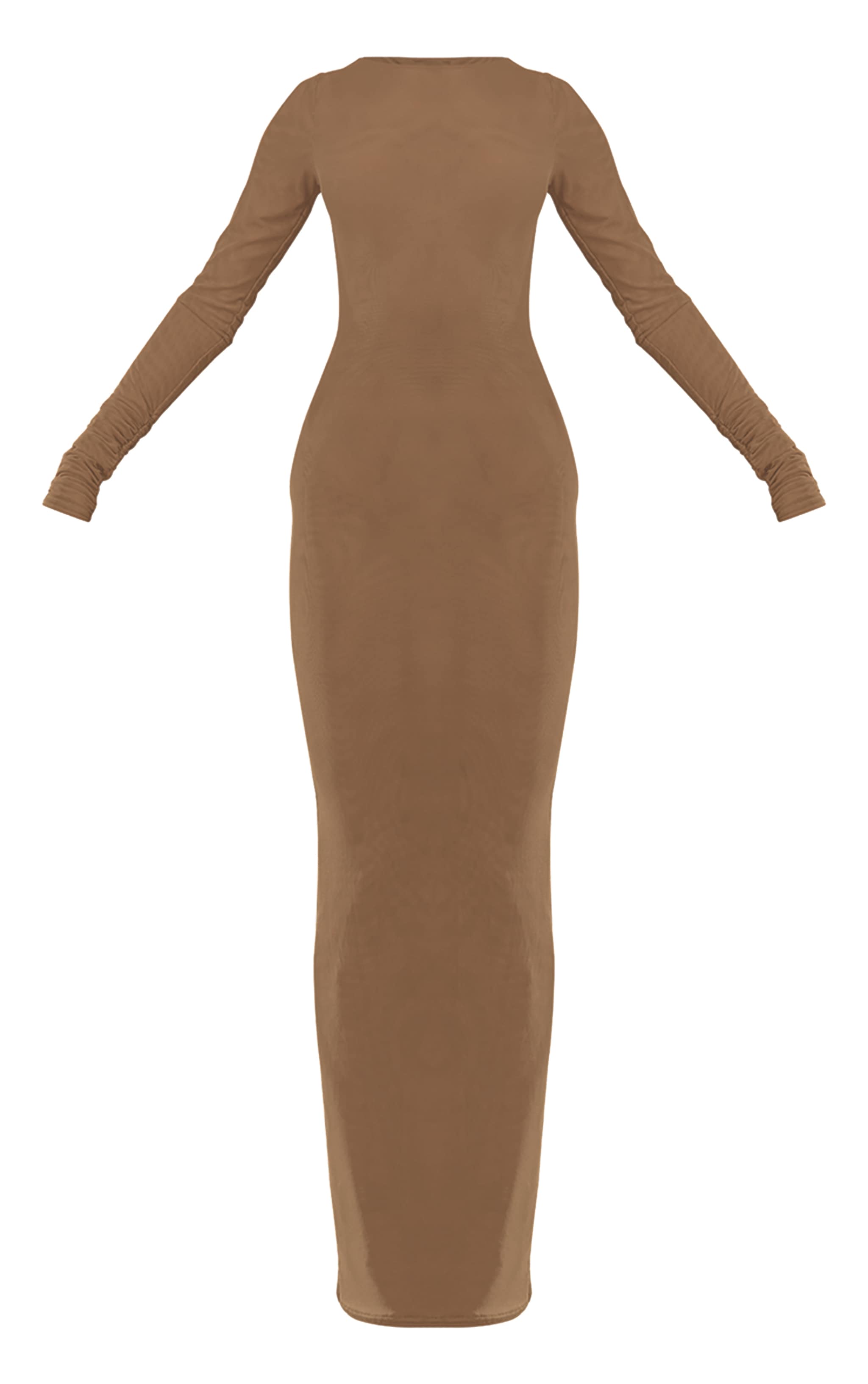 PLT Label Taupe Double Layer Mesh Ruched Sleeve Detail Maxi Dress image 5