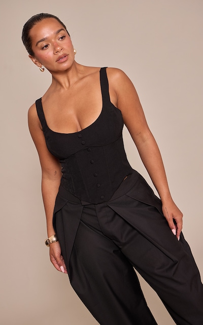 Shape Black Button Front Scoop Neck Corset Top