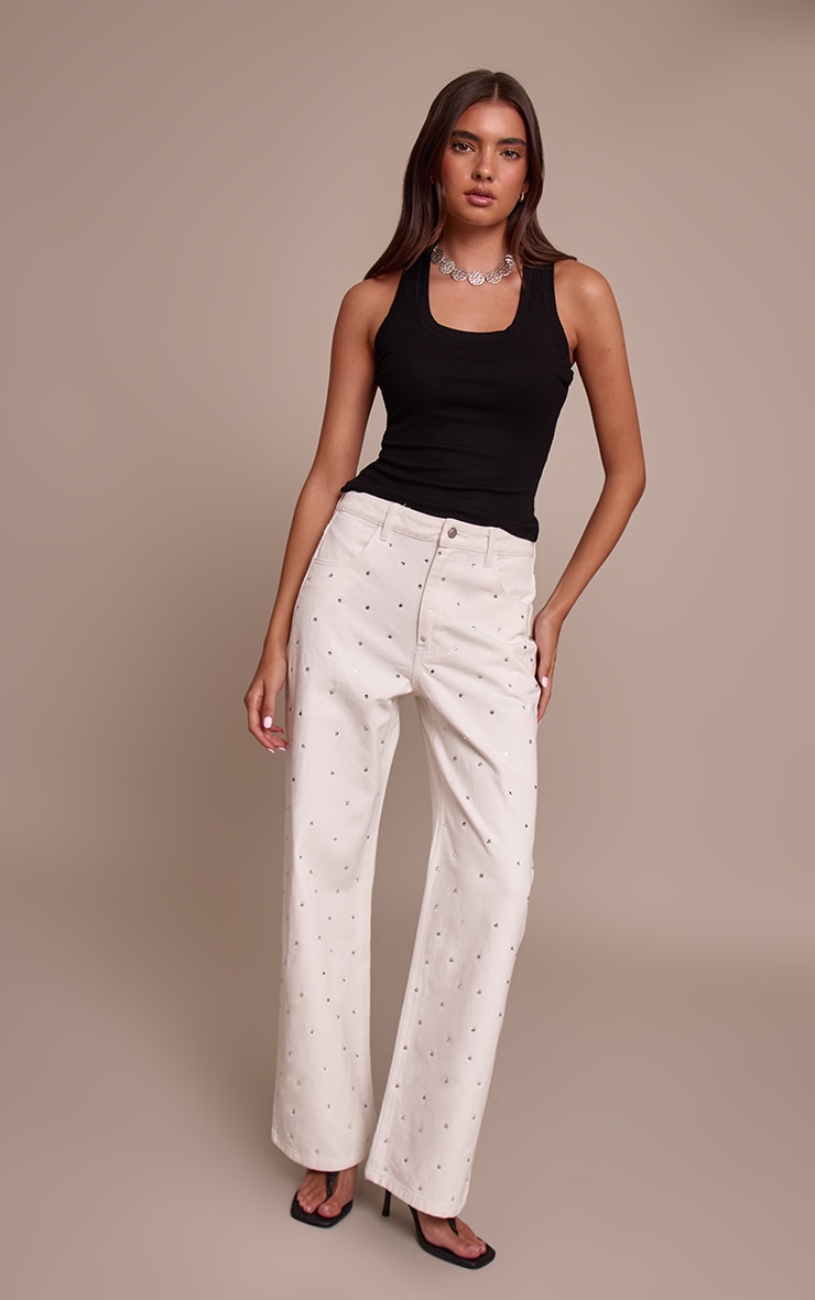 White High Waist Diamante Straight Leg Denim Jeans image 1