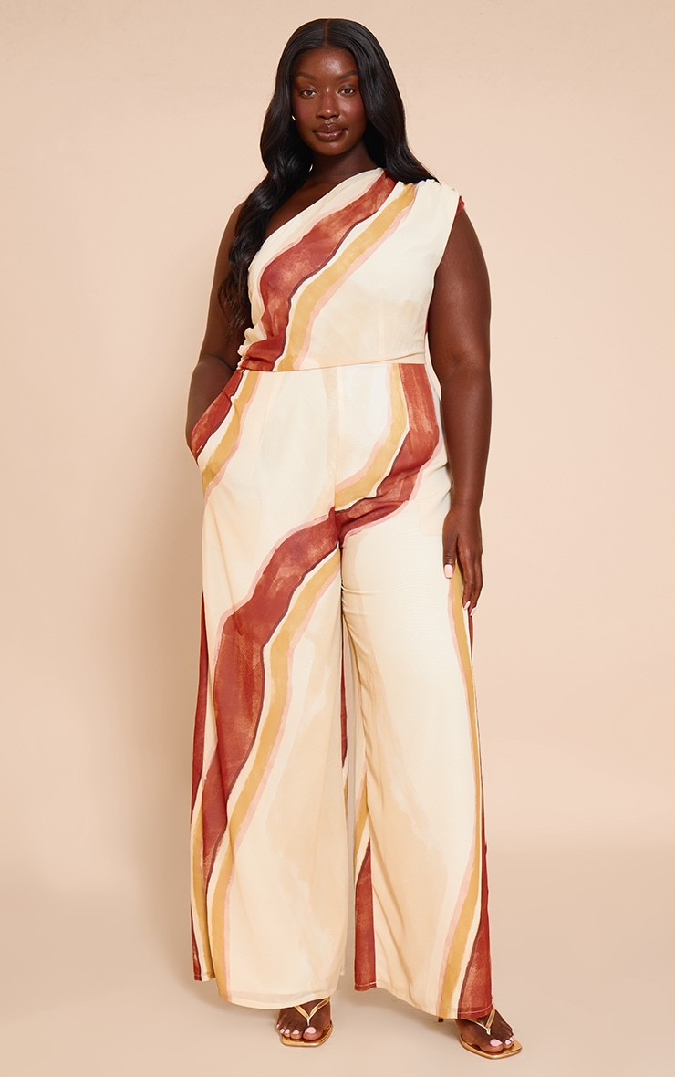 Plus Cream Abstract Chiffon One Shoulder Ruched Jumpsuit image 1