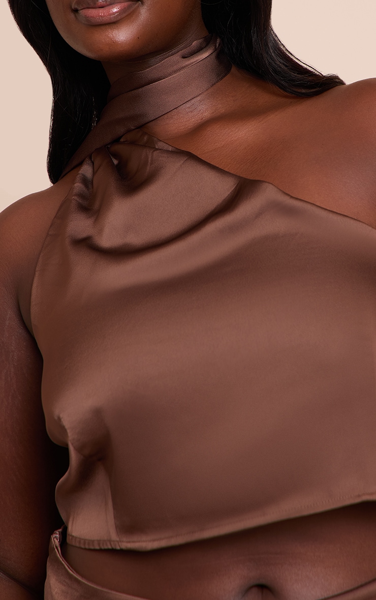 Plus Dark Brown Printed Satin Scarf Detail Crop Top image 4