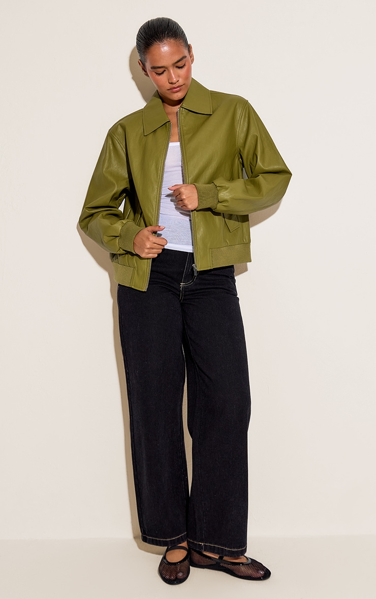 Olive Faux Leather Bomber Jacket image 3