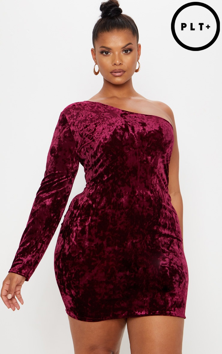 Plus Burgundy Velvet Asymmetric Bodycon Dress | PrettyLittleThing AUS