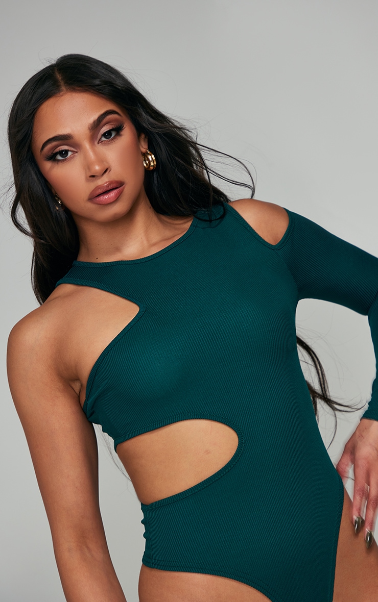 Pine Green Asymmetric Rib Cut Out One Shoulder Bodysuit image 4