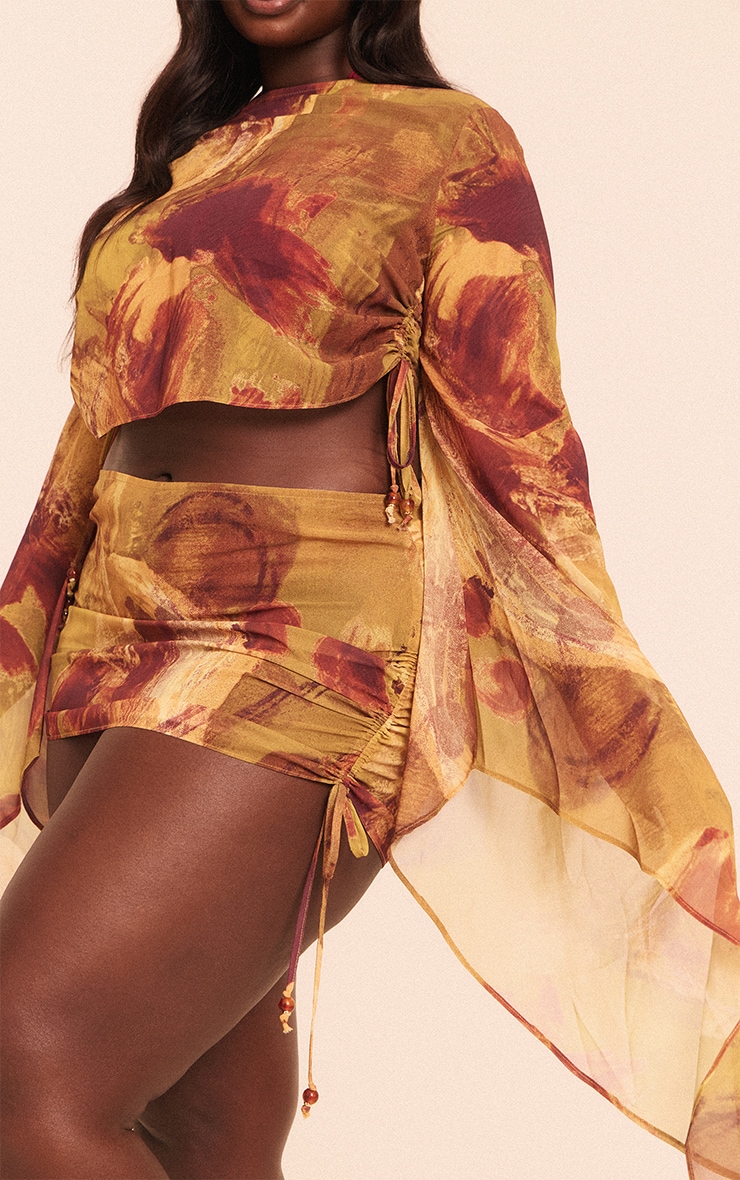 Plus Green Abstract Print Bead Trim Chiffon Beach Skirt image 4