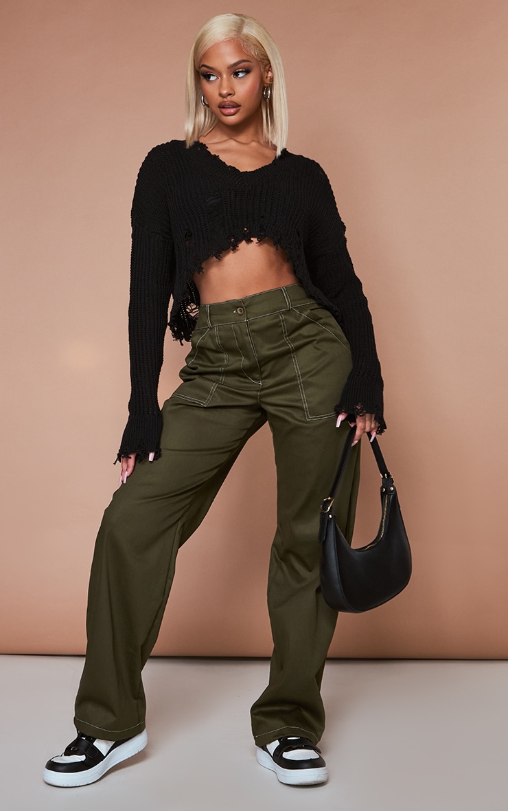 Khaki Woven Contrast Seam Detail Straight Leg Trousers
