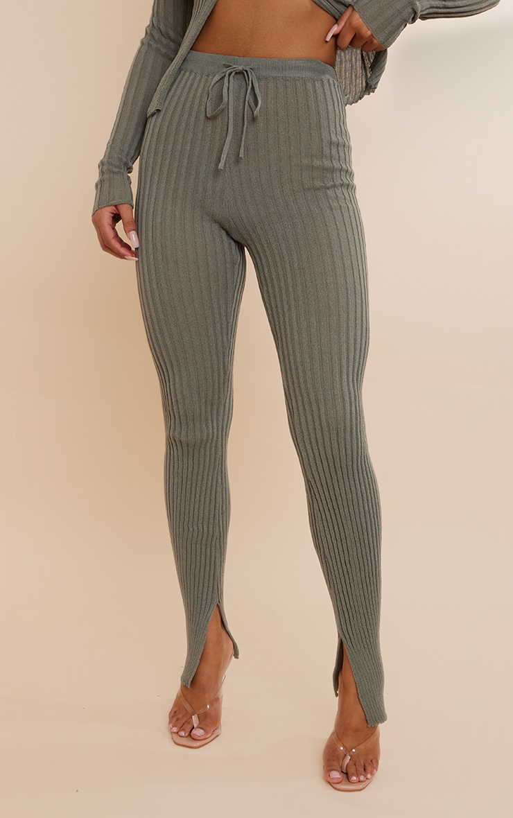 Khaki Ribbed Sheer Knit Flared Trousers image 2