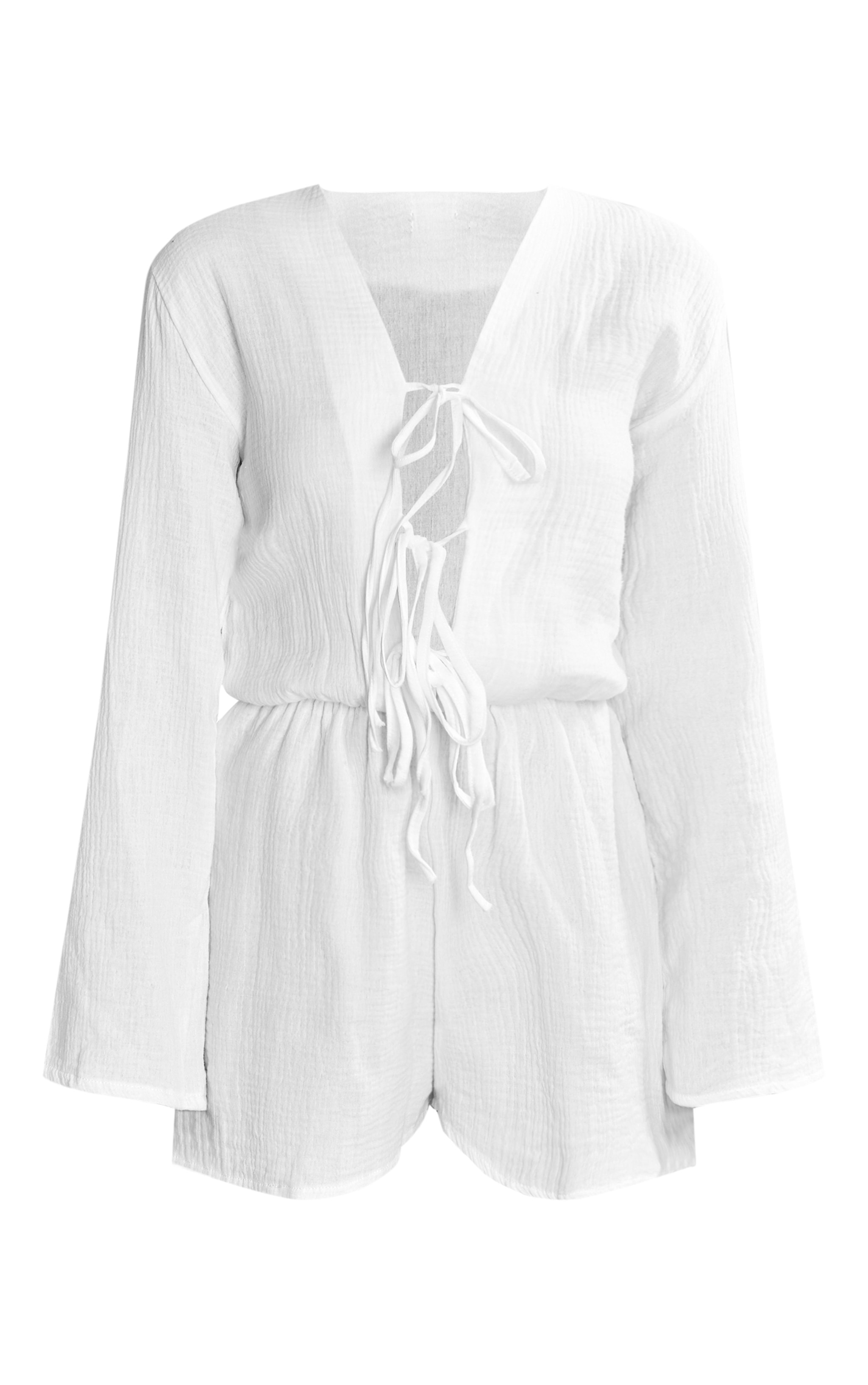 White Textured Cheescloth Tie Front Playsuit image 5