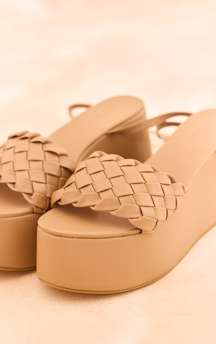 Brown PU Round Toe Woven Strap Lace Up Platform Sandals image 4